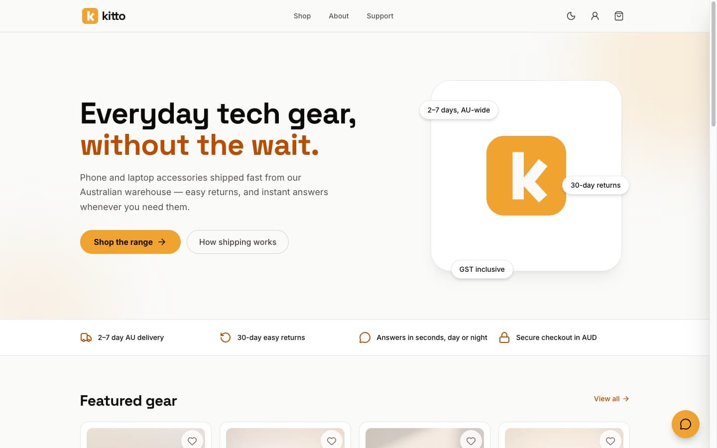 Kitto storefront homepage — 'Everyday tech gear, without the wait' hero beside the amber Kitto tile, with delivery, returns and GST badges