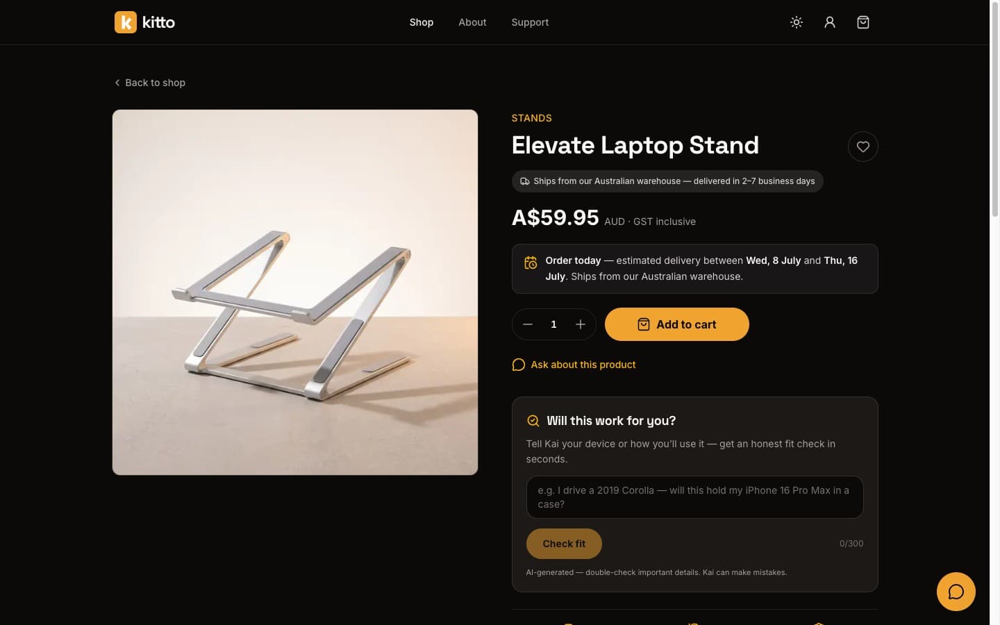 Kitto product page in dark mode — Elevate Laptop Stand with AUD GST-inclusive pricing, estimated delivery dates and an 'Ask about this product' link