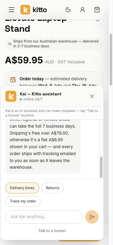 Kai, Kitto's AI assistant, on mobile — answering a delivery-times question with quick-reply chips for returns and order tracking