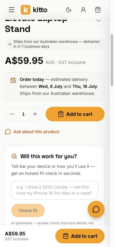 Kitto product page on mobile — sticky add-to-cart bar with AUD price and GST note
