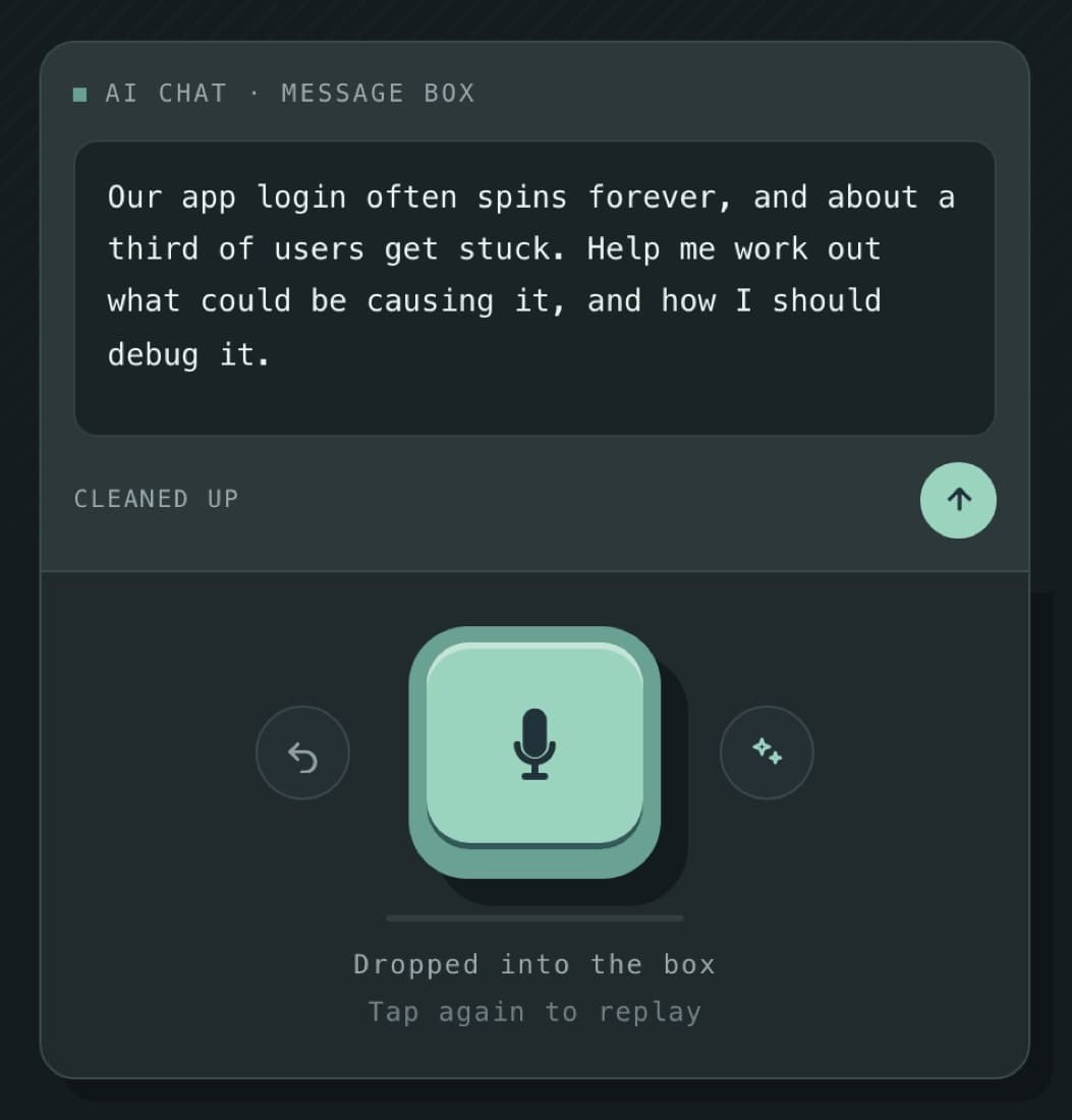 The NoTimeType composer showing a spoken ramble rewritten into one clean paragraph, with the mint keycap below it