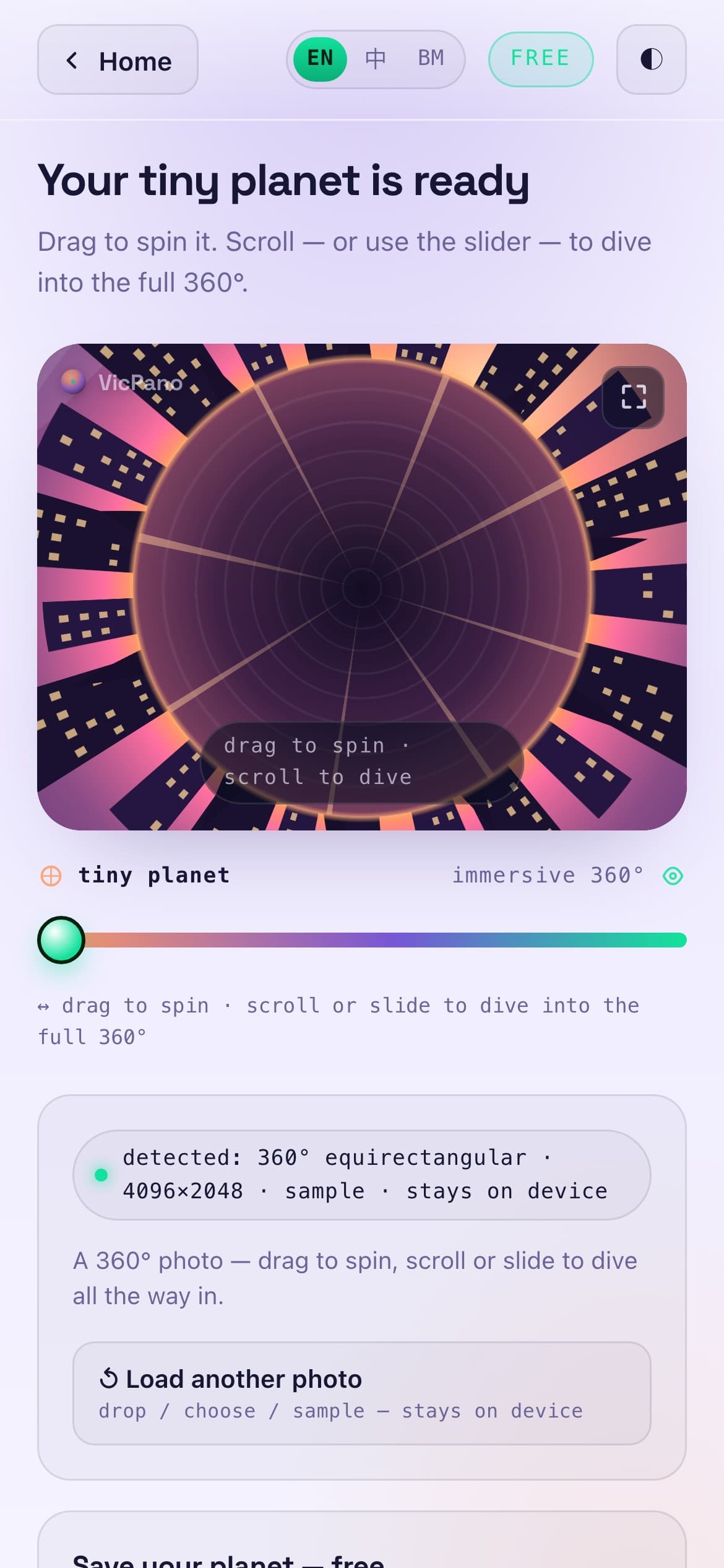 VicPano pada telefon: planet kecil dengan peluncur terjun dan nota 'kekal pada peranti'