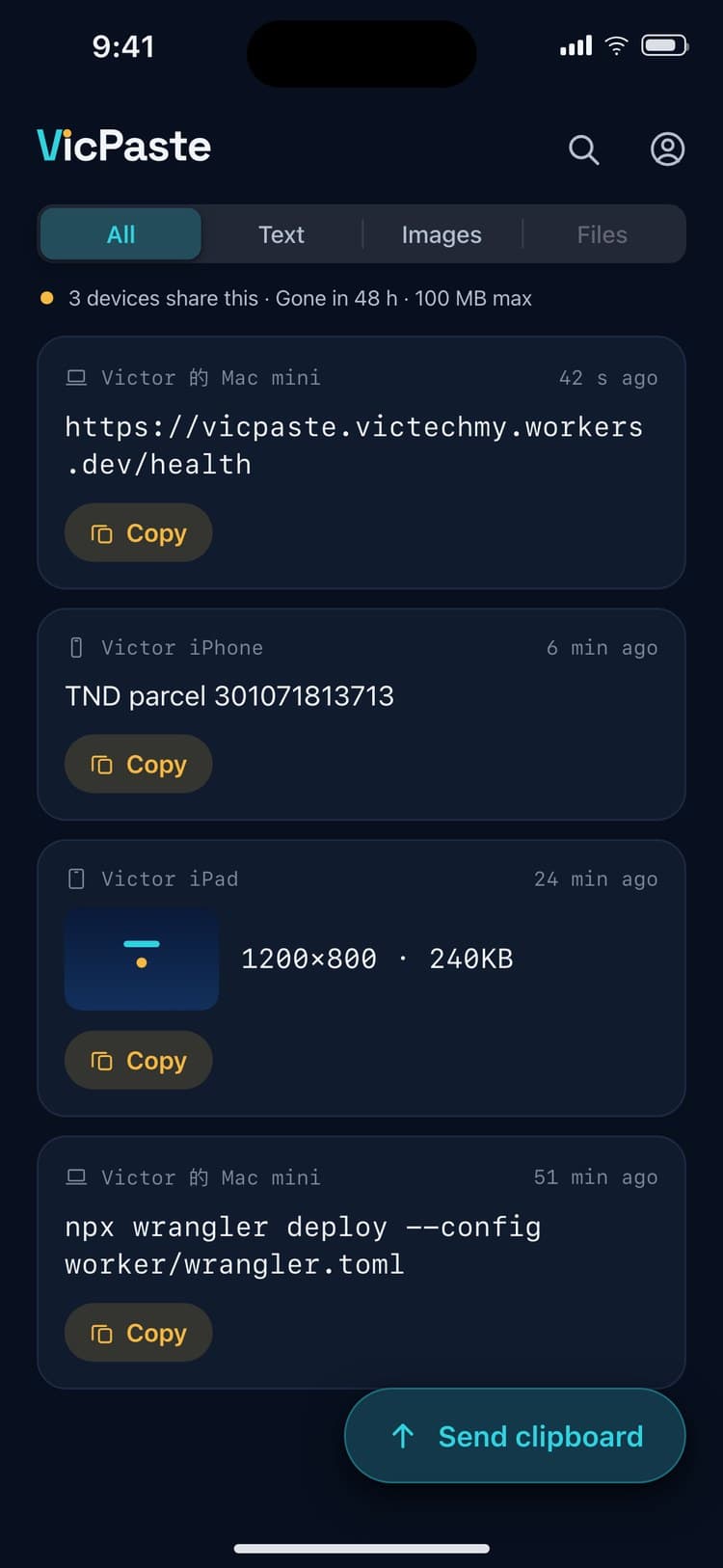 VicPaste pada iPhone: satu garis masa item yang dihantar dari Mac mini, iPhone dan iPad, setiap satu dengan butang Copy berwarna emas