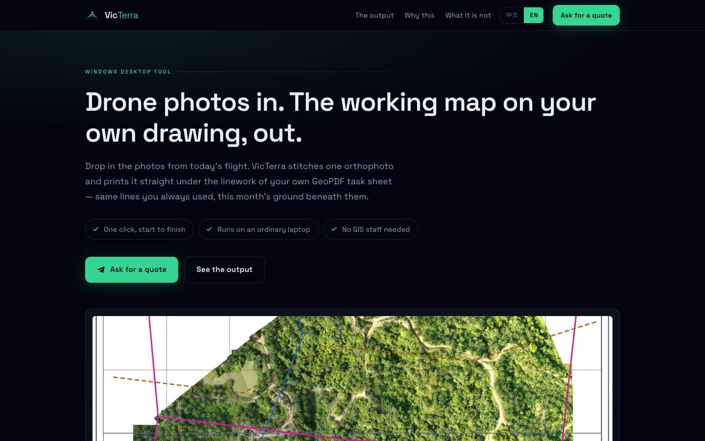The VicTerra product site showing a task sheet with aerial imagery printed under its boundary lines